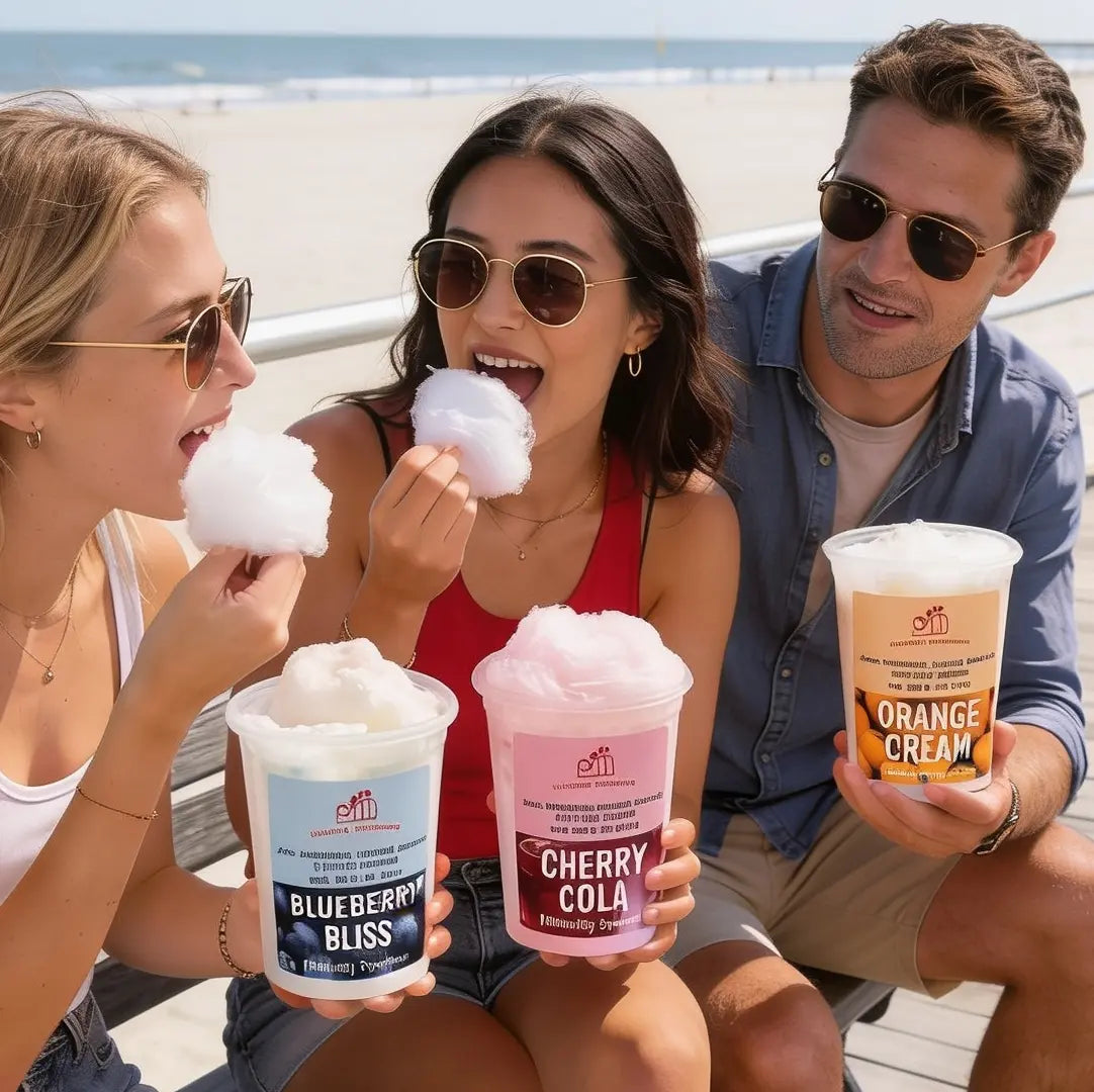 Three people sitting on a bench on a boardwalk eating cotton candy