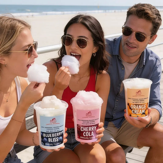 Three people sitting on a bench on a boardwalk eating cotton candy