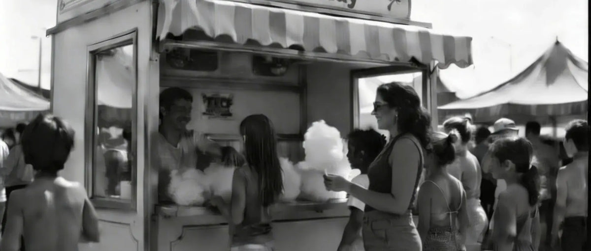 Black and white scene at a fair or market showing a small food stand with people ordering cotton candy, with tents in the background.
