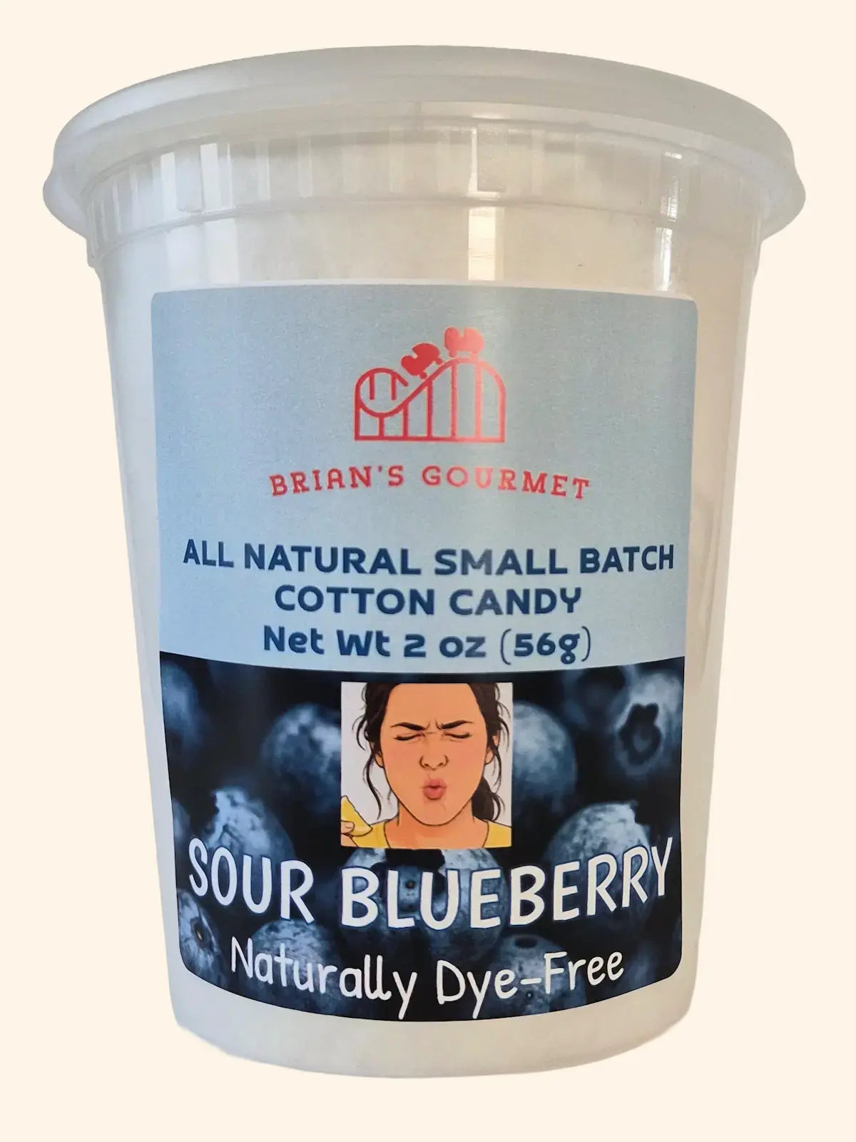 A 2 oz clear plastic tub of Sour Blueberry cotton candy by Brian's Gourmet.