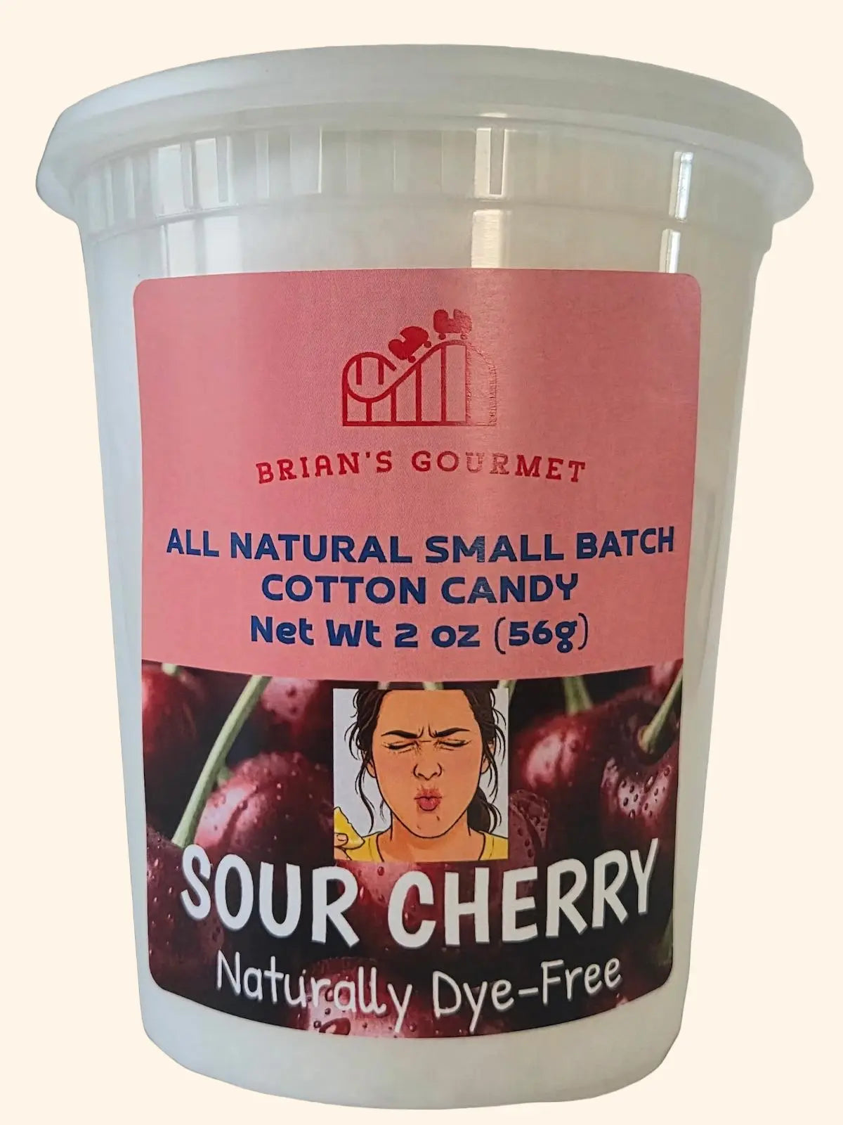 A 2 oz clear plastic tub of Sour Cherry All Natural Small Batch Cotton Candy by Brian's Gourmet.