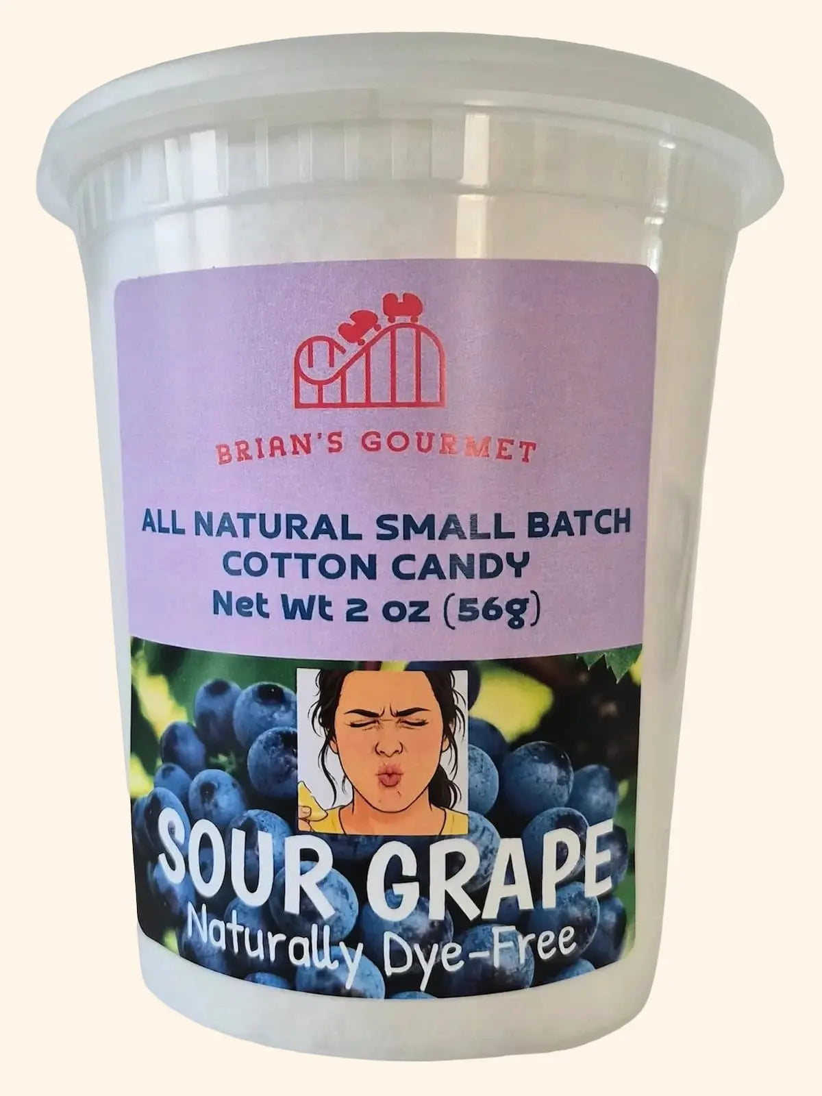 A 2 oz plastic tub of Sour Grape cotton candy by Brian's Gourmet.