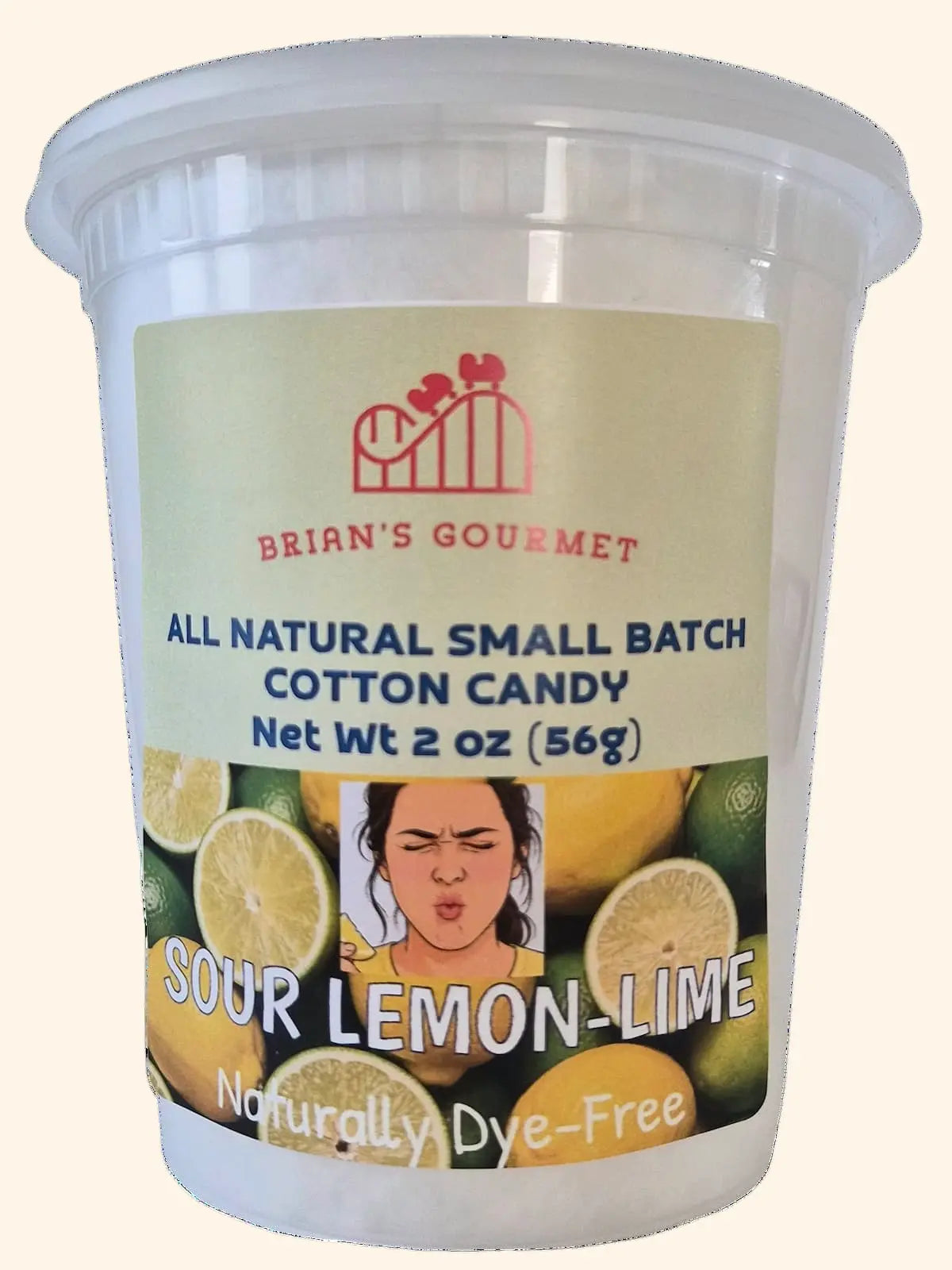 A 2 oz clear plastic tub of Sour Lemon-Lime flavor cotton candy by Brian's Gourmet.
