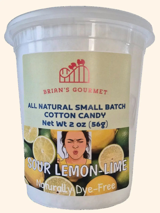 A 2 oz clear plastic tub of Sour Lemon-Lime flavor cotton candy by Brian's Gourmet.