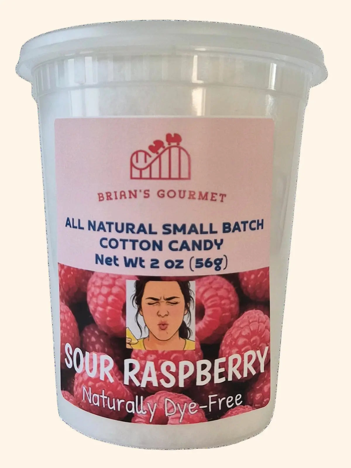 A 2 oz plastic tub of Sour Raspberry cotton candy by Brian's Gourmet,