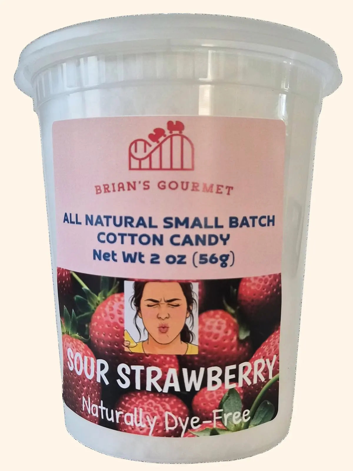 A 2 oz clear plastic tub of Brian's Gourmet Sour Strawberry cotton candy.
