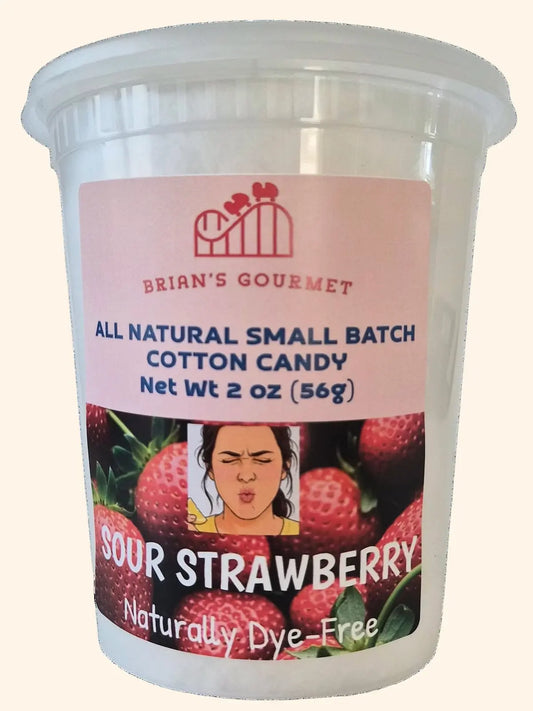 A 2 oz clear plastic tub of Brian's Gourmet Sour Strawberry cotton candy.
