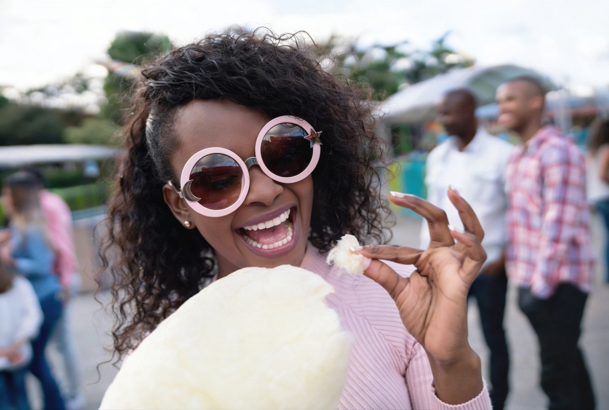 Woman wearing sunglasses and eating cotton candy in a park-like setting with blurred people in the background