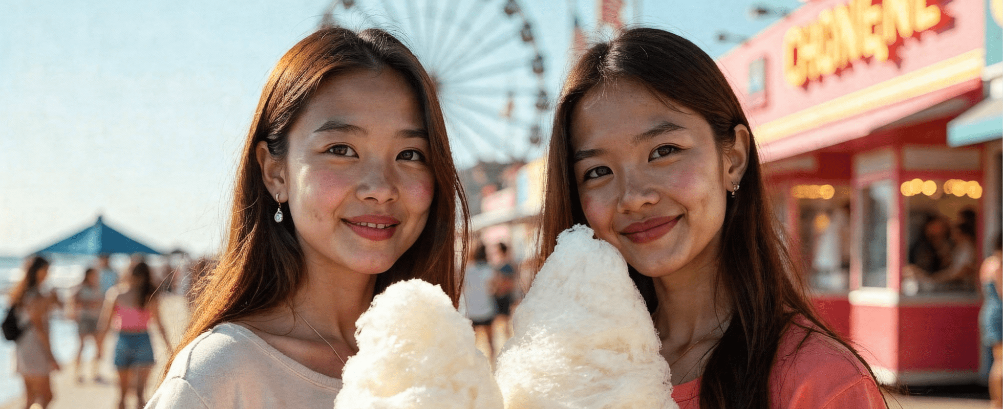 Twp girls eating dye-free cotton candy on a boardwalk.