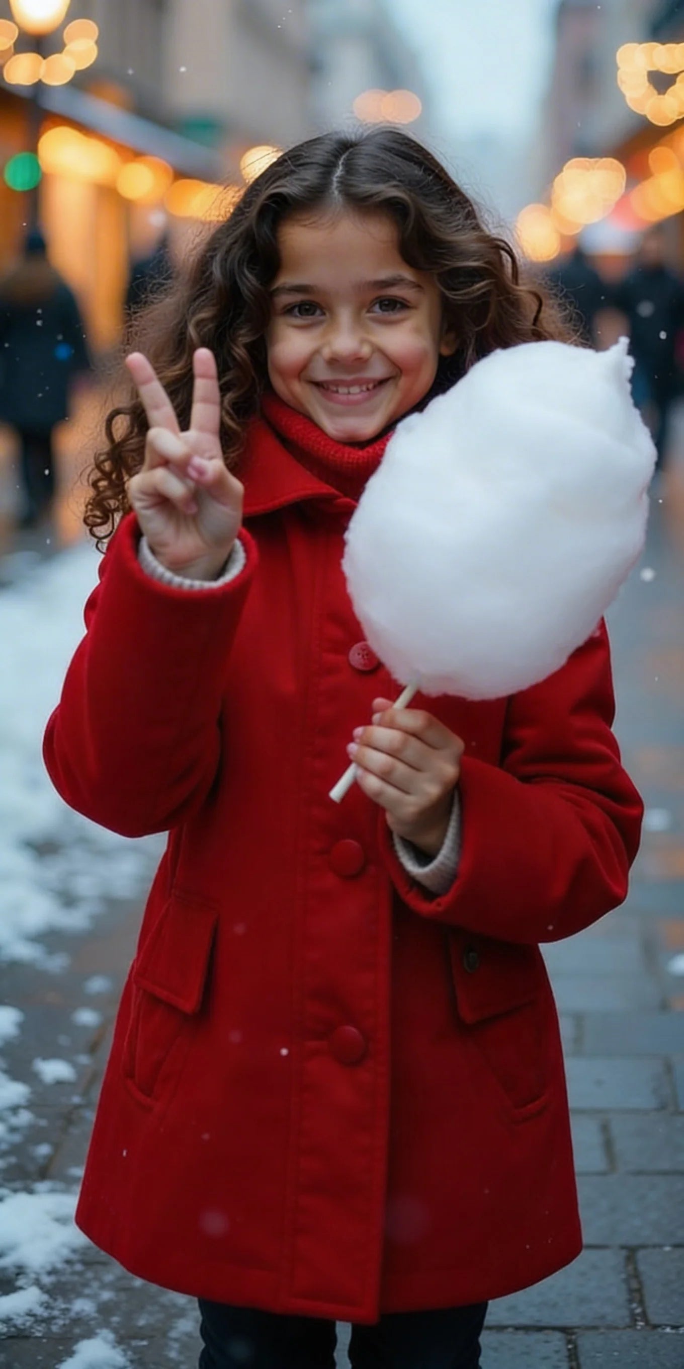 Child in a red coat holding cotton candy and making a peace sign outdoors.