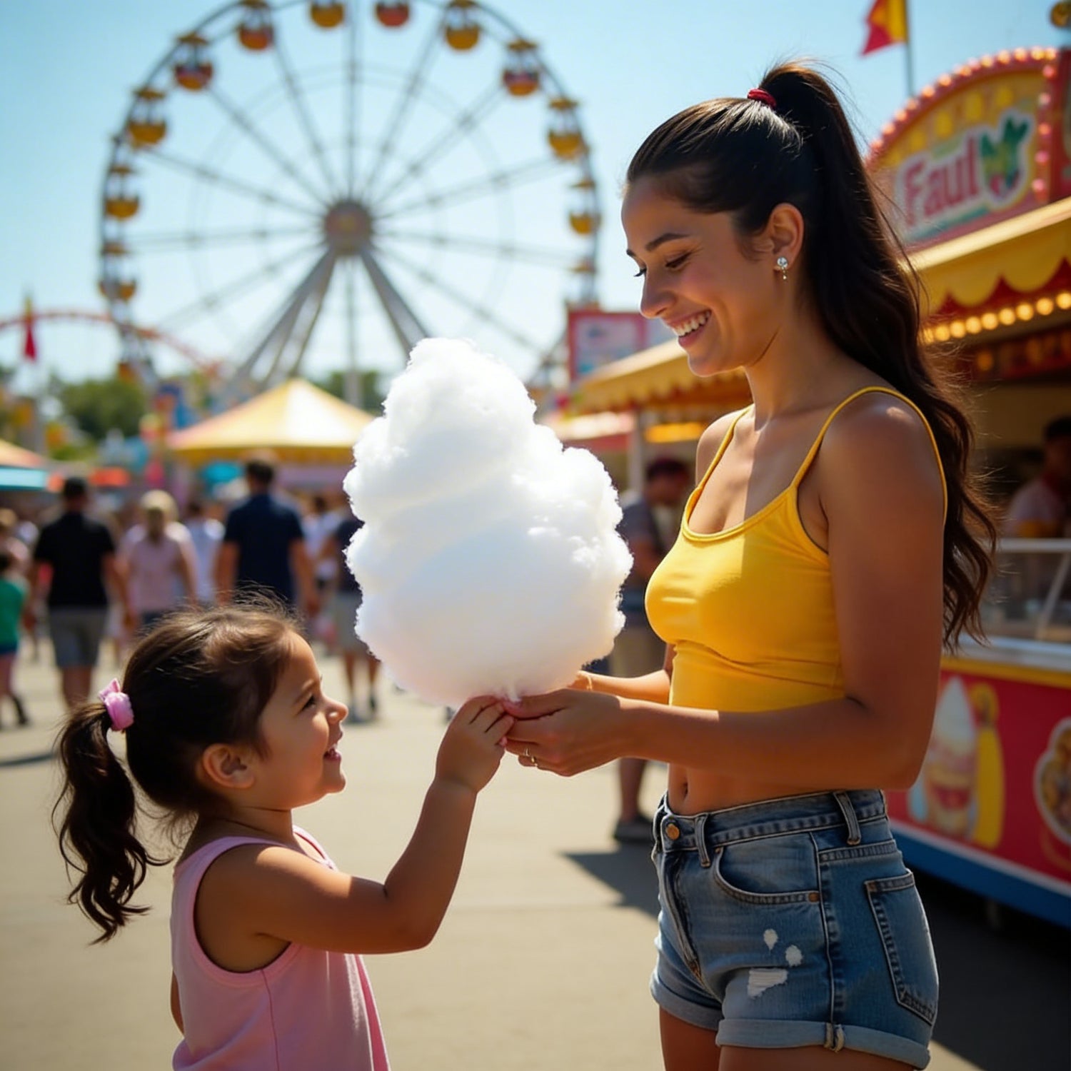 Mother giving little gire a dye-free cotton candy cone at an amusement partk with ferris wheel in the background