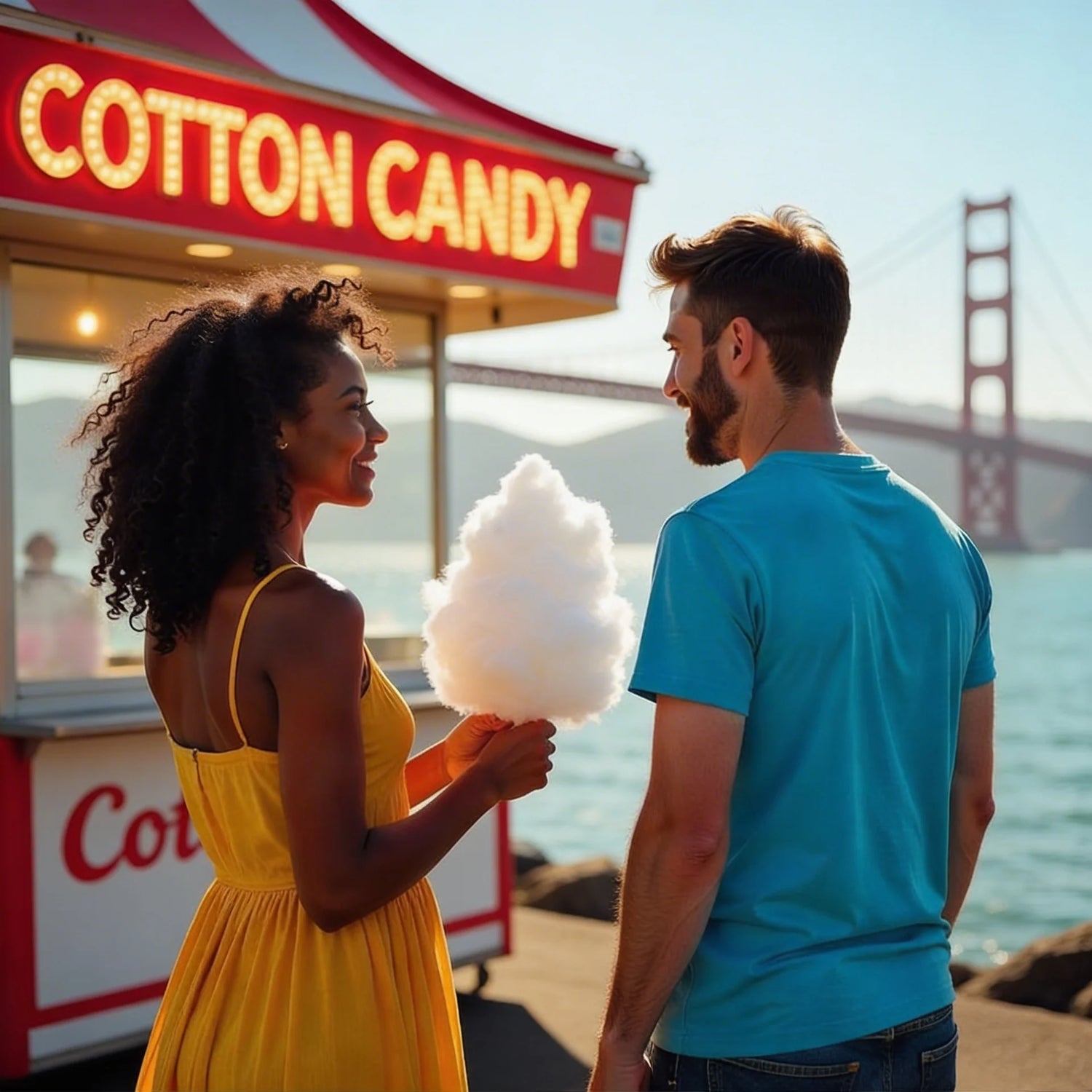 Two people with cotton candy in front of a cotton candy stand with the Golden Gate Bridge in the background.