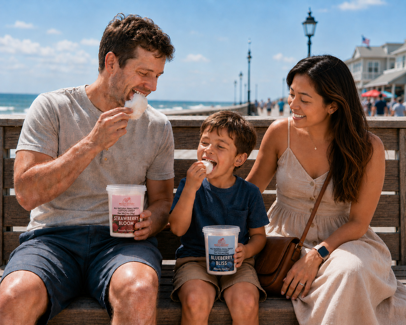 Family of three enjoying Brian's Gourmet Cotton Candy on a wooden bench by the beach.