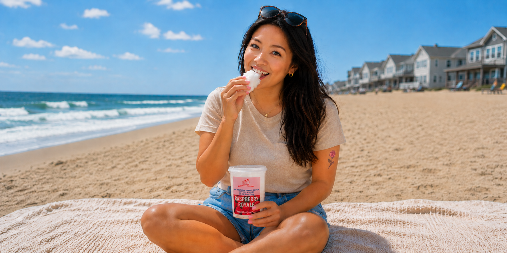 Woman eating Brian's Gourmet Cotton Candy on a beach with houses and ocean in the background